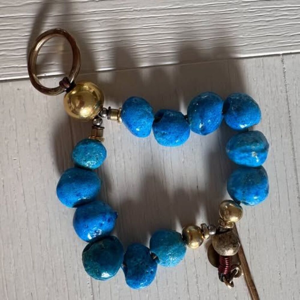 Chunky Vintage Persian Blue Faience Donkey Bead and Gold Bracelet